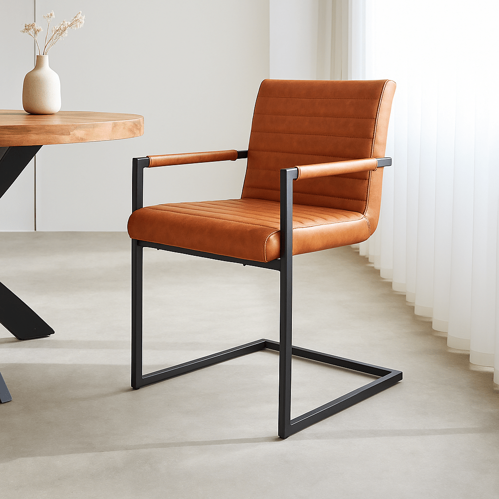 Eetkamerstoelen - Industriële Eetkamerstoel Cognac Kuba - Kunstleer - Met Armleuningen - Dimehouse
