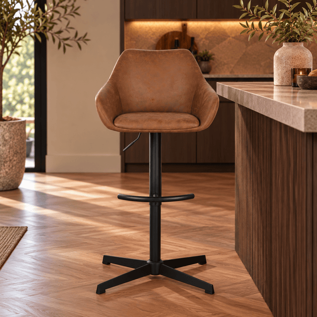 Barkrukken-Venom Barkruk Cognac Eco-leer - Verstelbare Draaibare Barstoel met Armleuning-Dimehouse