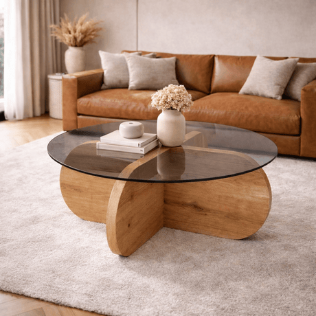 Tavolino rotondo Aris melaminico aspetto rovere e vetro fumé 75 cm