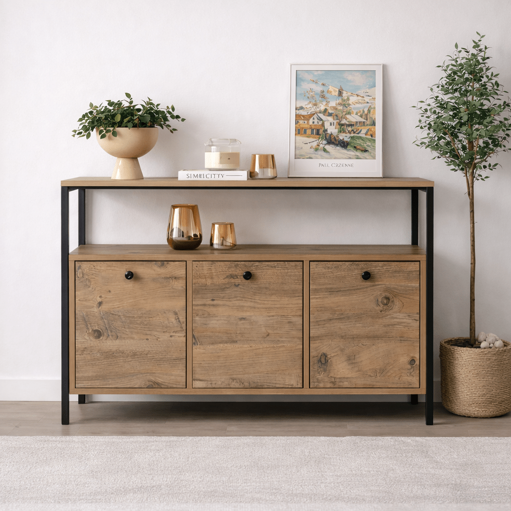 Dressoirs - Dressoir Atlantisch Dennenhout Saloce - Zwart Frame - Drie Vakken - 120x77 cm - Dimehouse