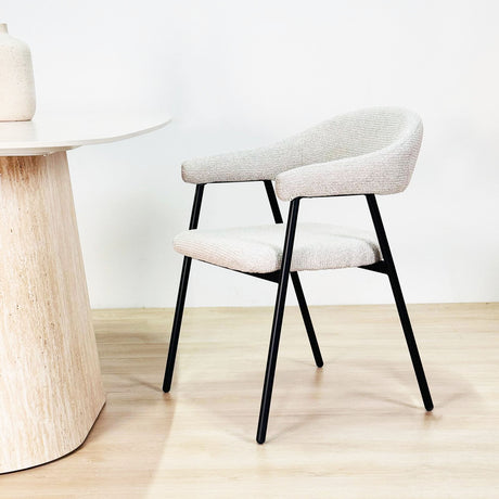 Meubelsets - Complete Meubelset: Lea Eettafel Sintered Stone Marmerlook Travertine - Eiken Frame + 4x Lisa Eetkamerstoelen Bouclé Beige - Dimehouse