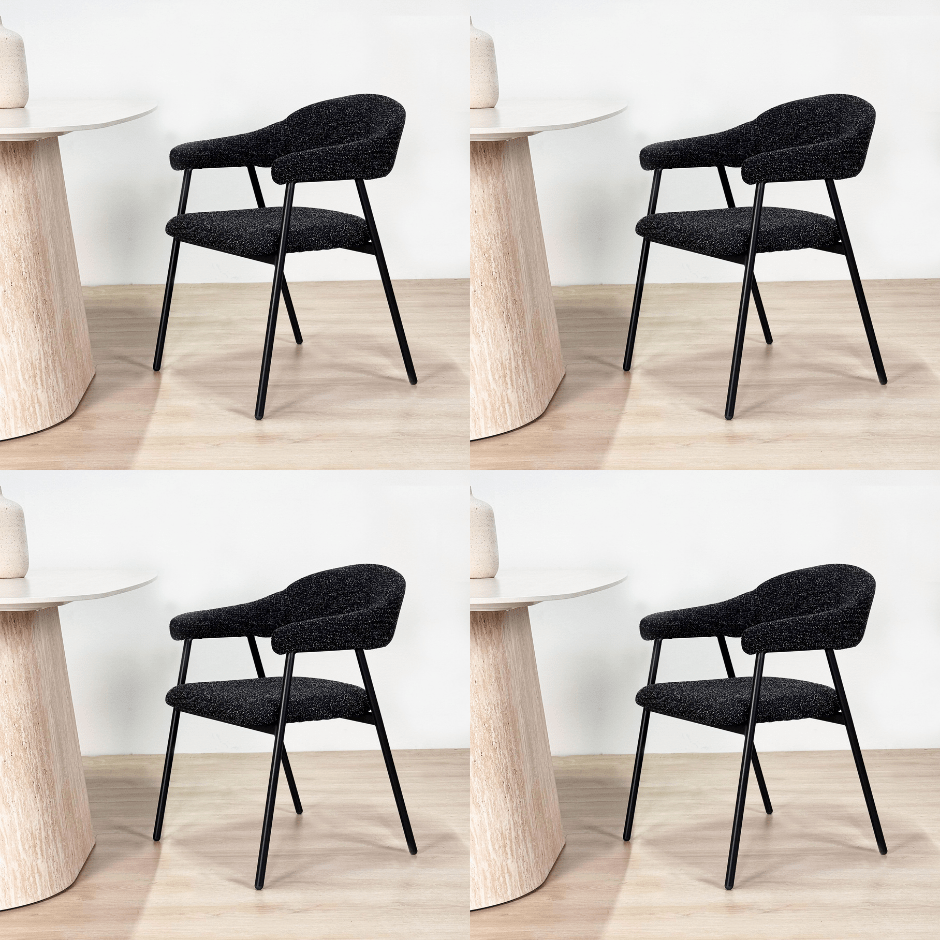 Eetkamerstoelen - Eetkamerstoel Set van 4 Bouclé Zwart Lisa - Zwart Frame - Dimehouse