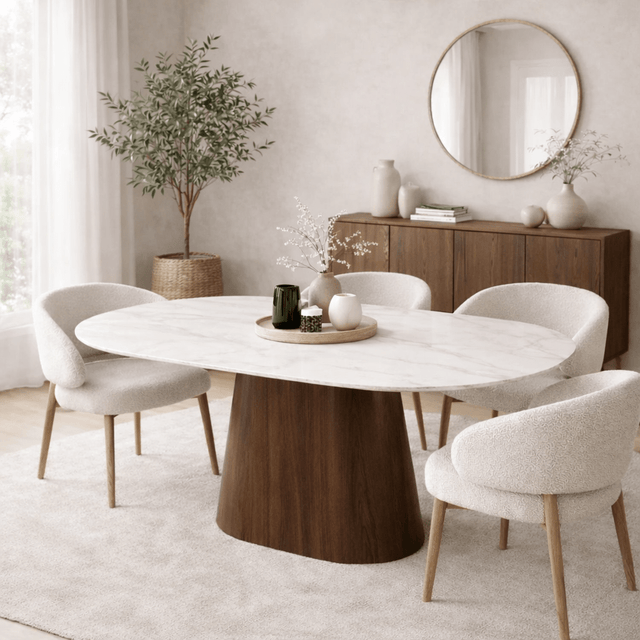 Eettafels - Eettafel Sintered Stone Marmerlook Wit - Walnoot Frame - Deens ovaal - 180x90 cm - Lea - Dimehouse