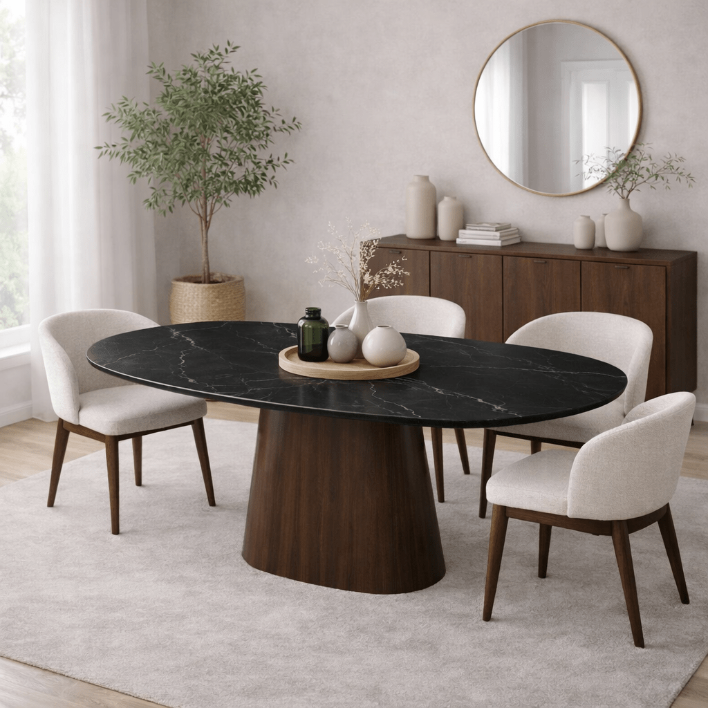 Tavolo da pranzo Pietra sinterizzata aspetto marmo Nero - Struttura in noce - Ovale danese - 180x90 cm - Lea