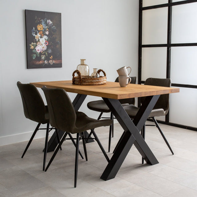 Eettafels - Industriële Eettafel Eikenhout X - poot Zwart Rover - Dimehouse