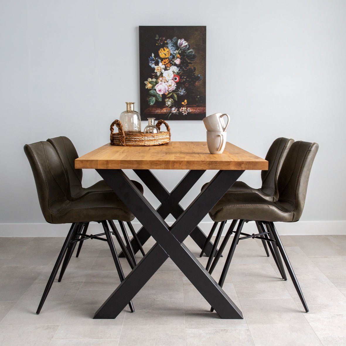Eettafels - Industriële Eettafel Eikenhout X - poot Zwart Rover - Dimehouse