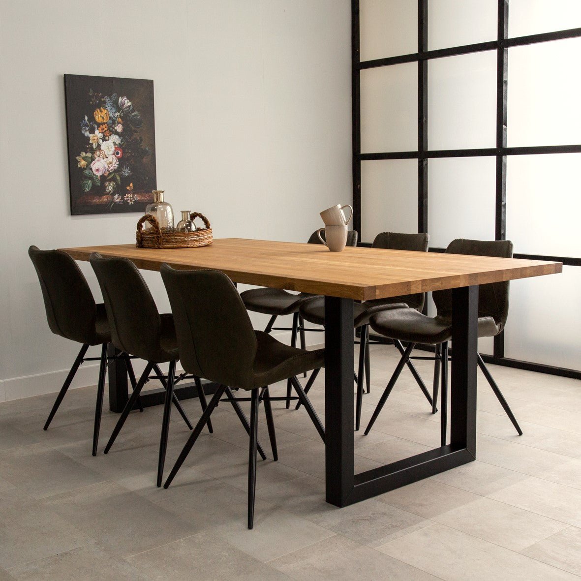 Eettafels - Industriële Eettafel Eikenhout U - poot Zwart Rover - Dimehouse