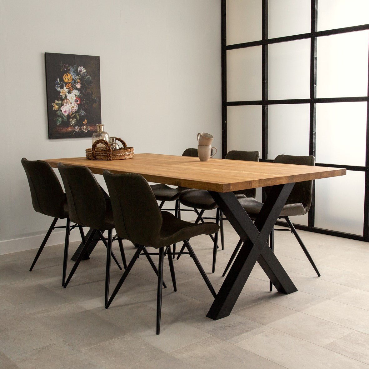 Eettafels - Industriële Eettafel Eikenhout X - poot Zwart Rover - Dimehouse