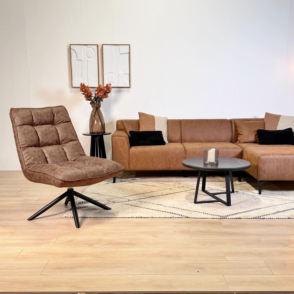 Fauteuils - Industriële draaifauteuil cognac eco - leer 360° draaibaar Yuki - Dimehouse