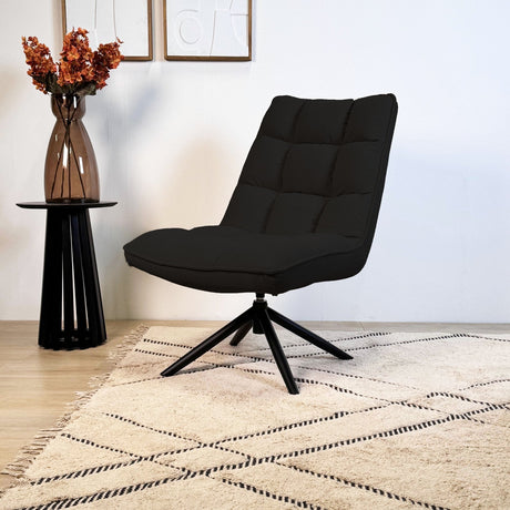 Poltroncina moderna girevole in tessuto bouclé nero, girevole a 360° Yuki