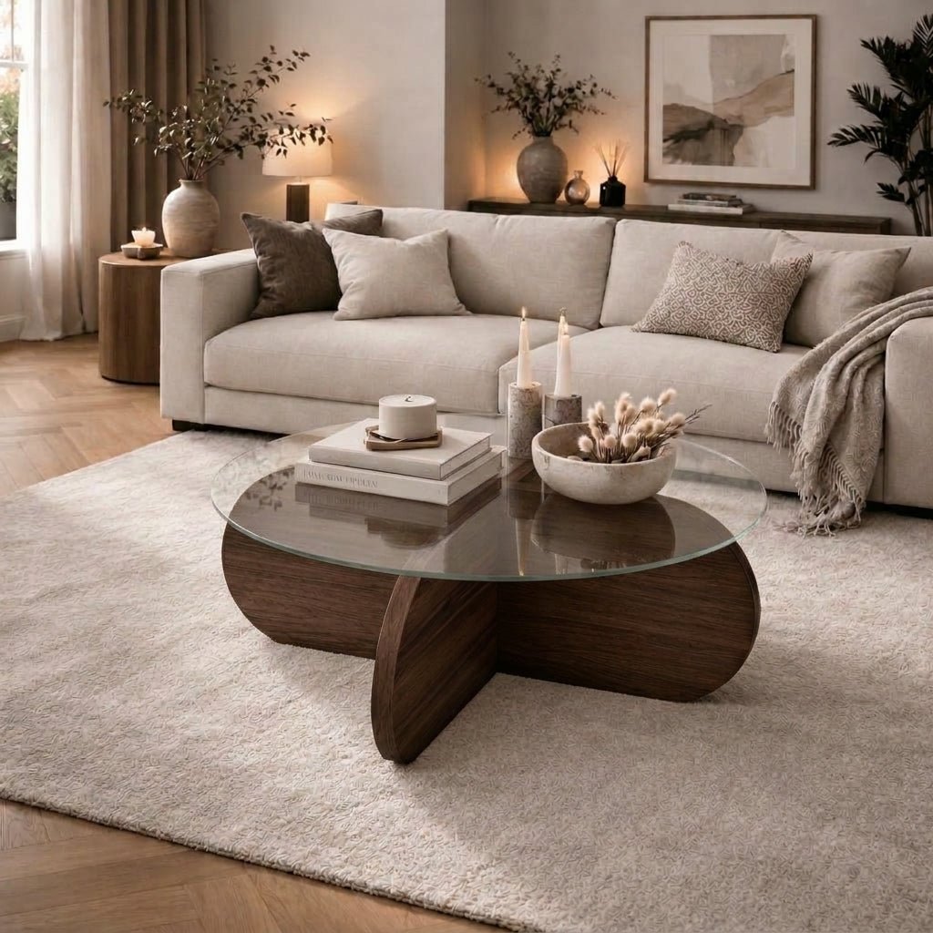 Salontafels-Ronde salontafel Aris walnoot melamine en transparant glas 75 cm-Dimehouse