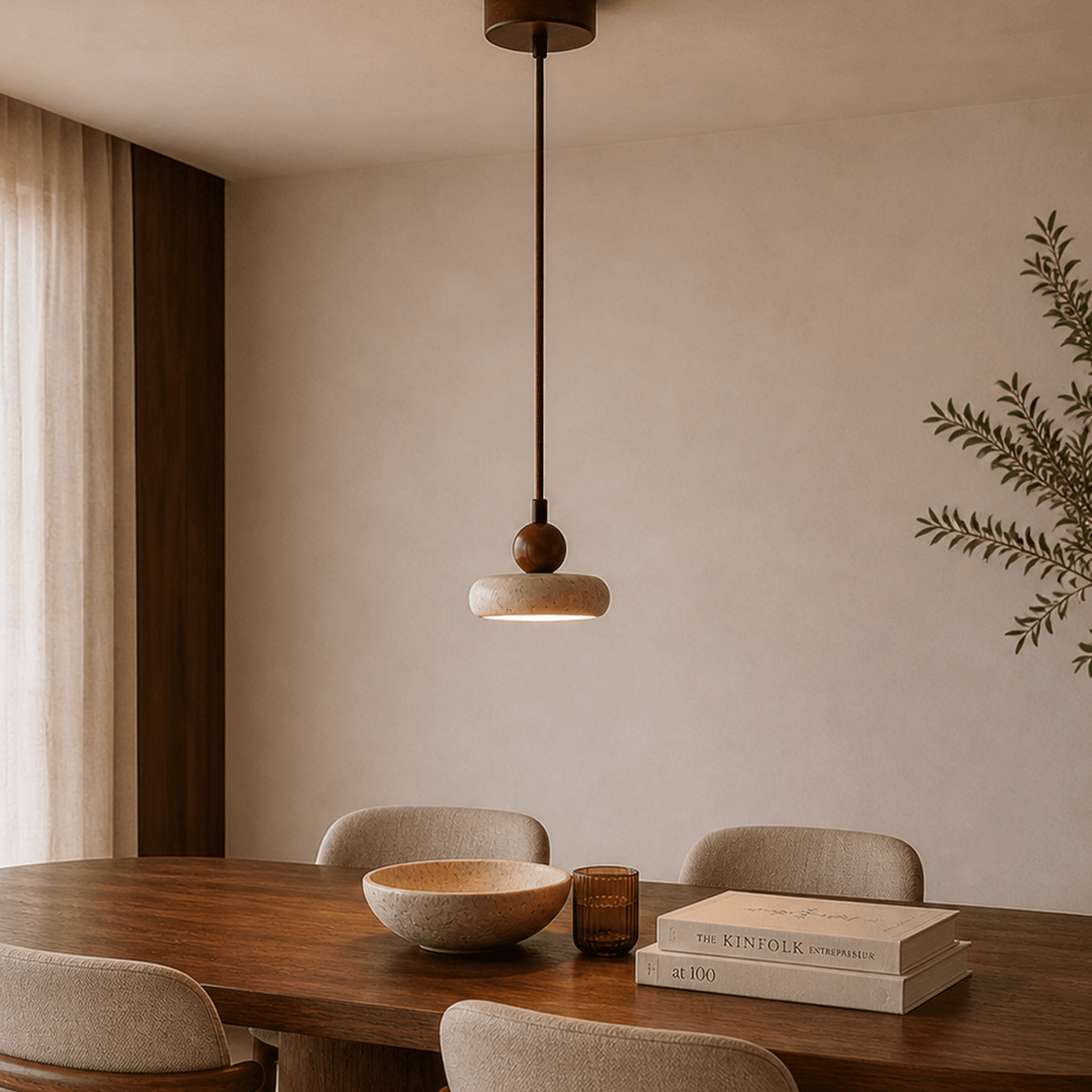 Hanglamp 1 licht - Walnoot & Travertin - plat met bol - Hakaro