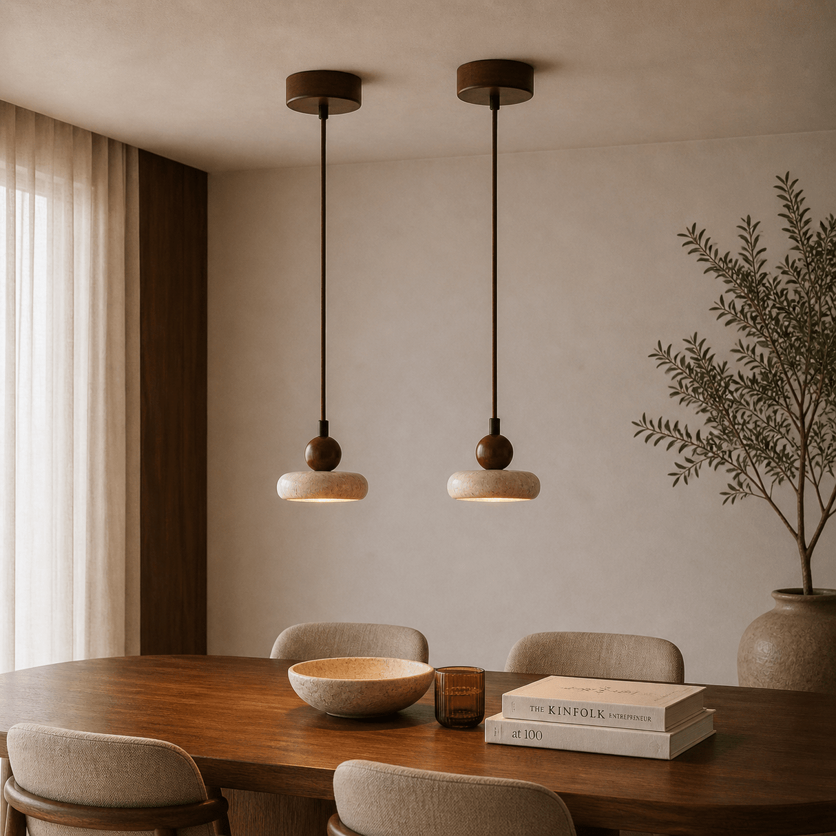 Hanglamp 1 licht - Walnoot & Travertin - plat met bol - Hakaro