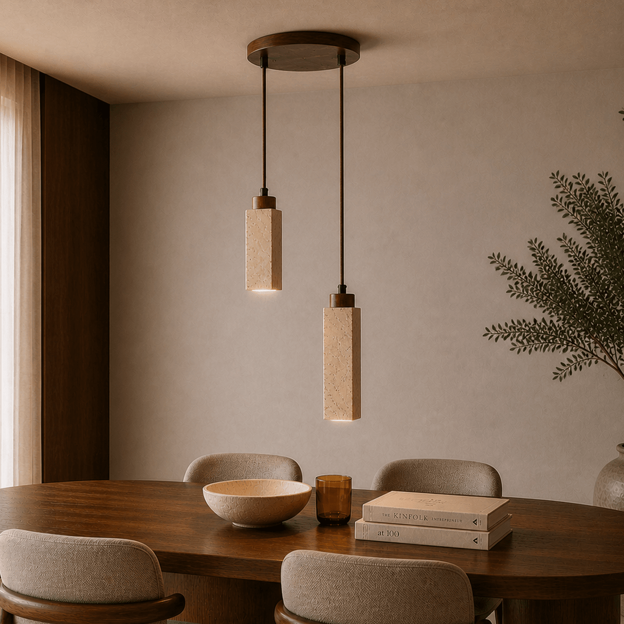 Hanglamp 2-lichts – Walnoot & Travertin blokken - blokvorm - Sudoki