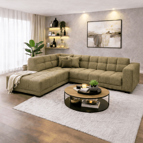 Divano angolare con lounge in tessuto bouclé verde oliva Nova - sinistra