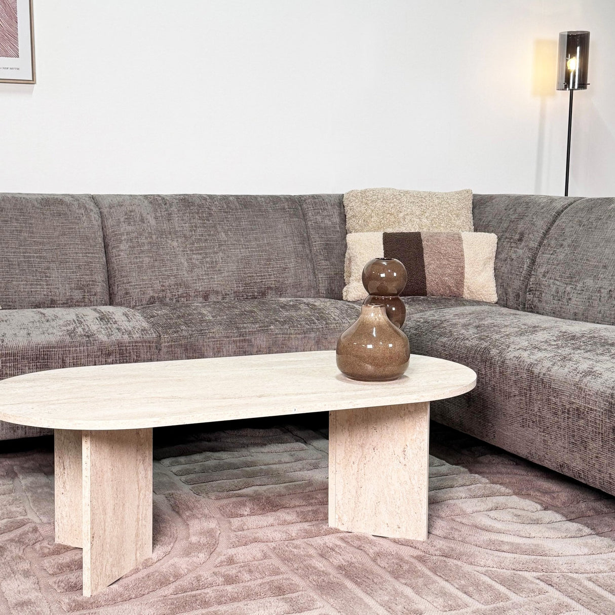 Divano angolare con chaise longue in tessuto ciniglia tortora Manon - destra
