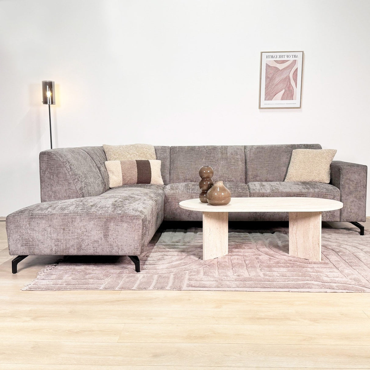 Divano angolare con chaise longue in tessuto ciniglia tortora Manon - sinistra