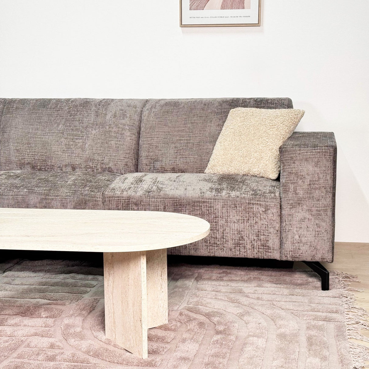 Divano angolare con chaise longue in tessuto ciniglia tortora Manon - sinistra
