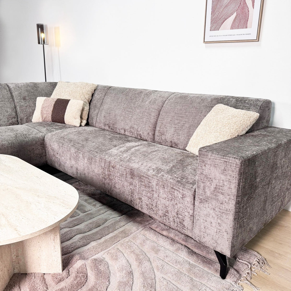 Divano angolare con chaise longue in tessuto ciniglia tortora Manon - sinistra