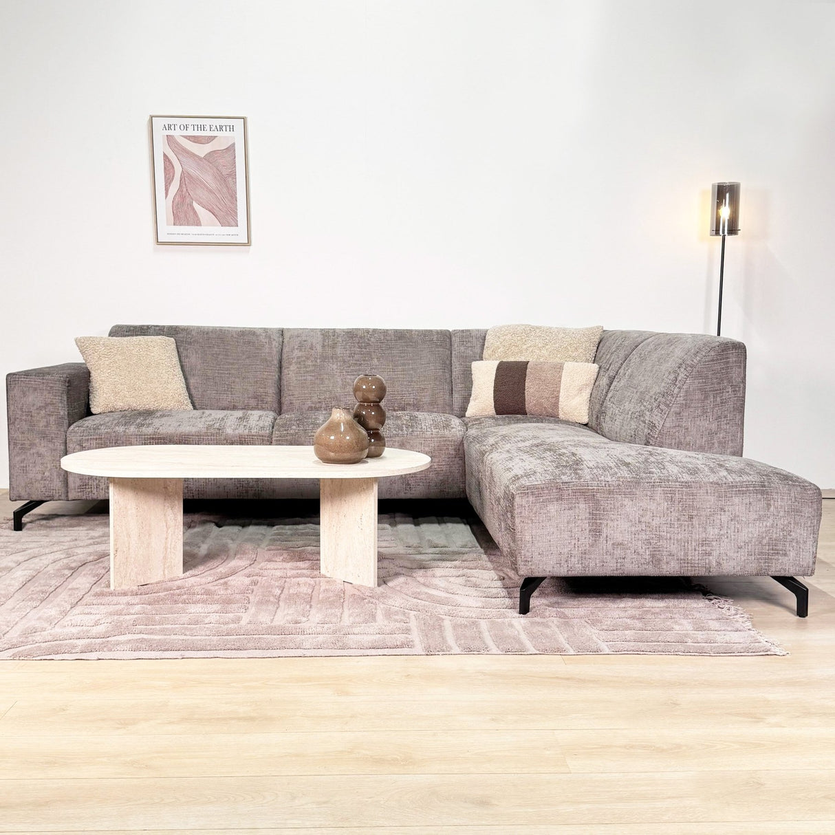 Divano angolare con chaise longue in tessuto ciniglia tortora Manon - destra