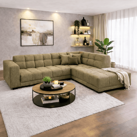 Divano angolare con lounge in tessuto bouclé verde oliva Nova - destra