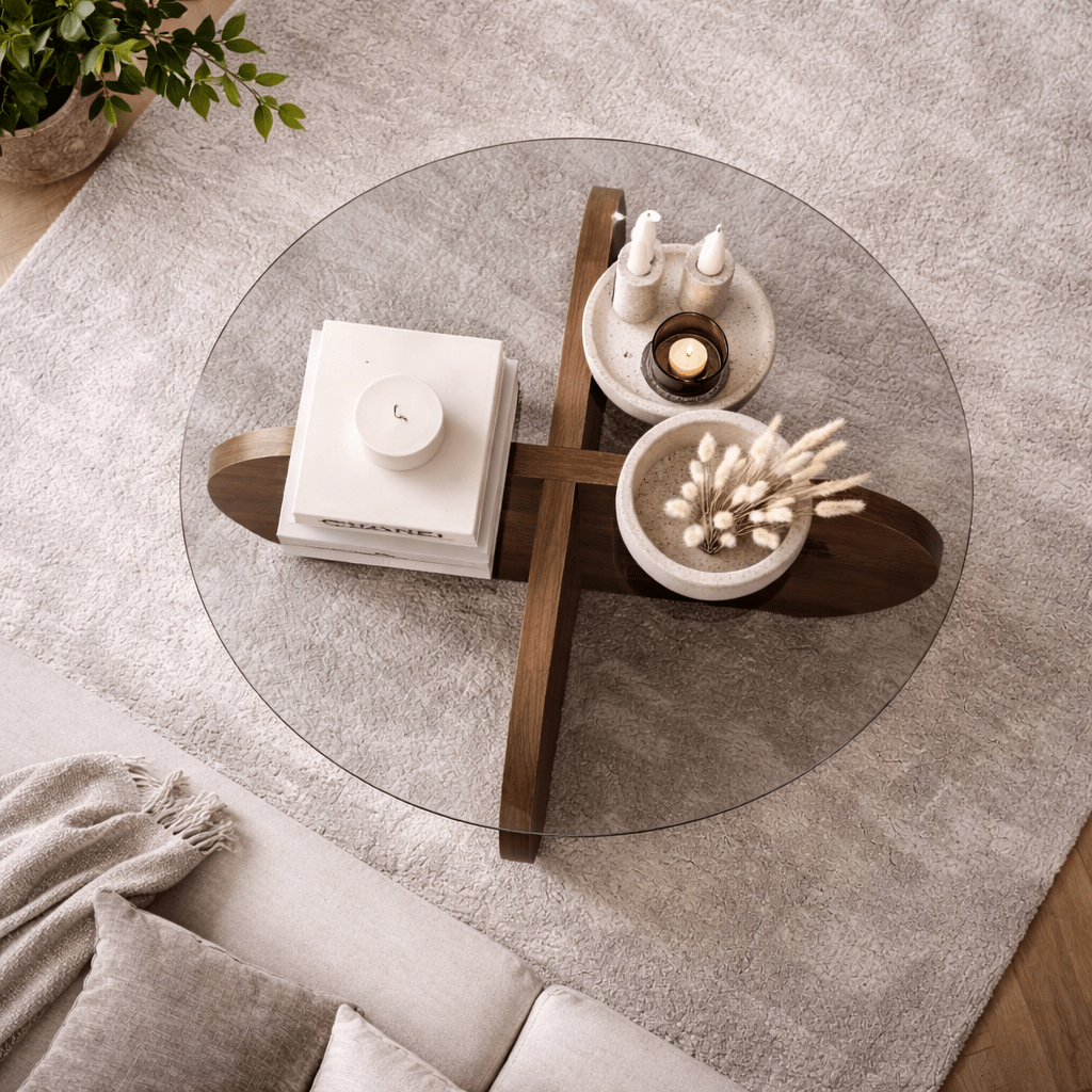 Tavolino rotondo Aris nobilitato noce e vetro trasparente 75 cm