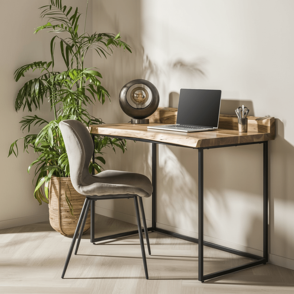 Scrivania industriale tronco d'albero in legno di acacia Aberdeen 110x60 cm foto suggestiva in un interno moderno