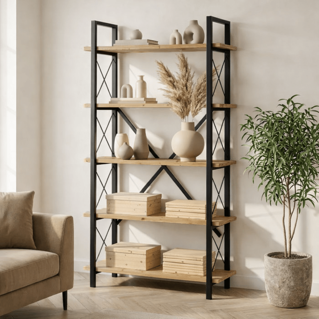 Boekenkasten - Industriële boekenkast dennenhout melamine Ely - zwart frame - 180x90 cm - Dimehouse