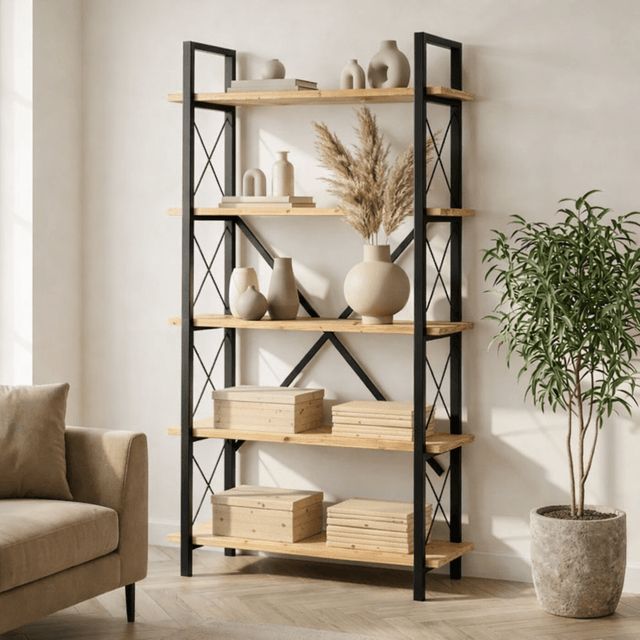 Boekenkasten - Industriële boekenkast eiken melamine Ely - zwart frame - 180x90 cm - Dimehouse