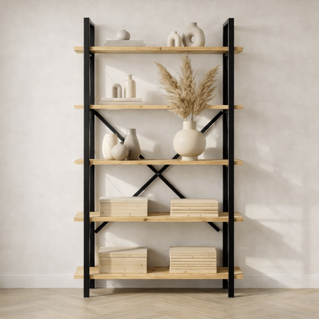Boekenkasten - Industriële boekenkast eiken melamine Ely - zwart frame - 180x90 cm - Dimehouse