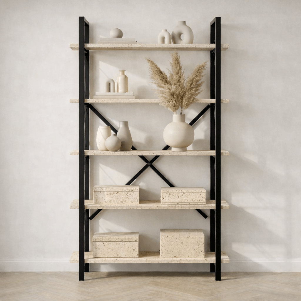 Boekenkasten - Industriële boekenkast travertin melamine Ely - zwart frame - 180x90 cm - Dimehouse