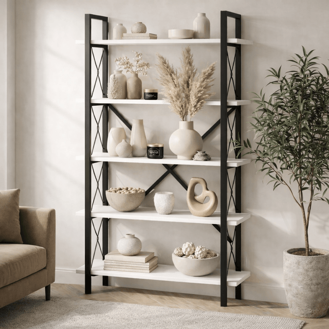 Boekenkasten - Industriële boekenkast wit melamine Ely - Zwart Frame - 180x90 cm - Dimehouse