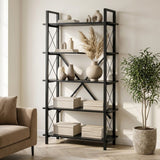 Boekenkasten - Industriële boekenkast zwart melamine Ely - Zwart Frame - 180x90 cm - Dimehouse