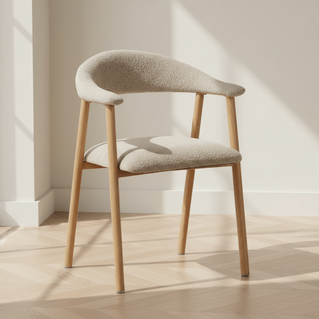 Sedia da sala da pranzo Japandi color sabbia Bouclé Suki - struttura effetto rovere - con braccioli