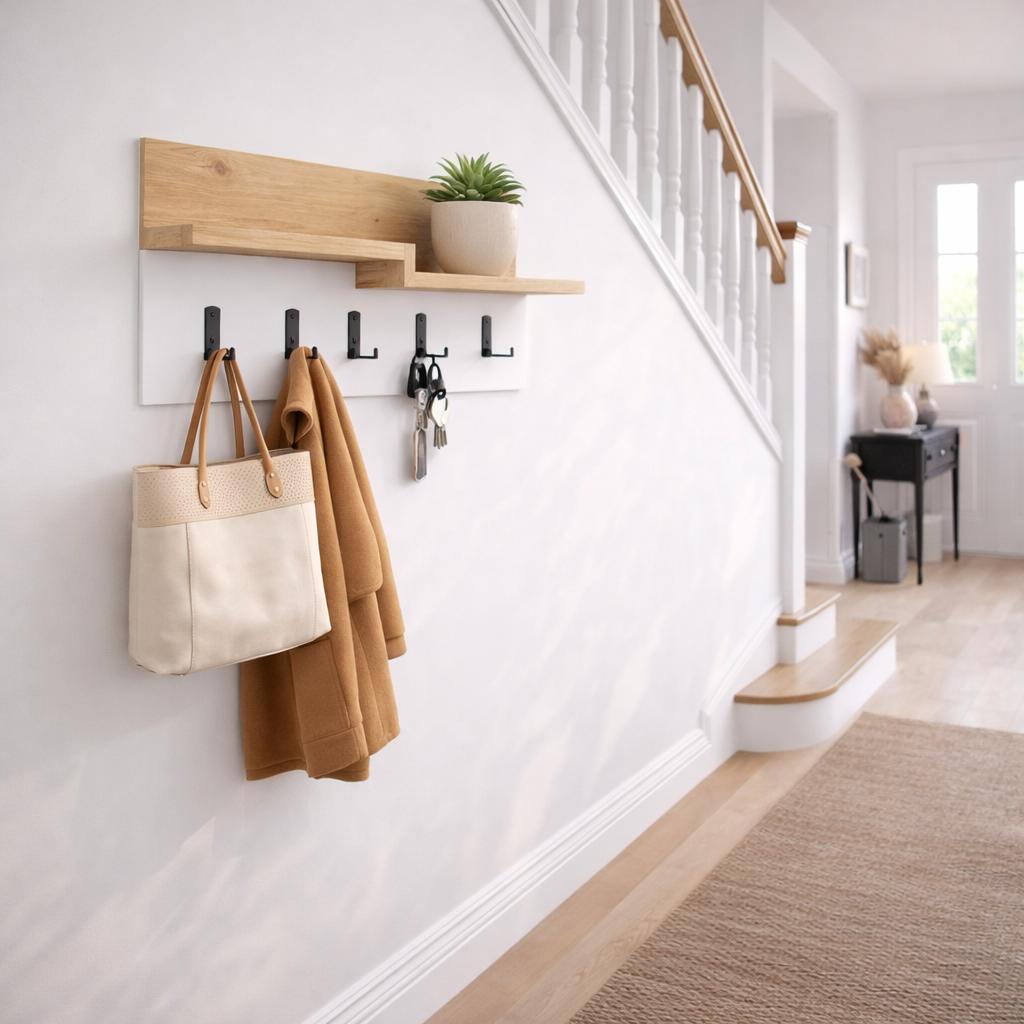 Appendiabiti in legno di rovere melaminico - 5 ganci bianco - 65 cm - Lagona