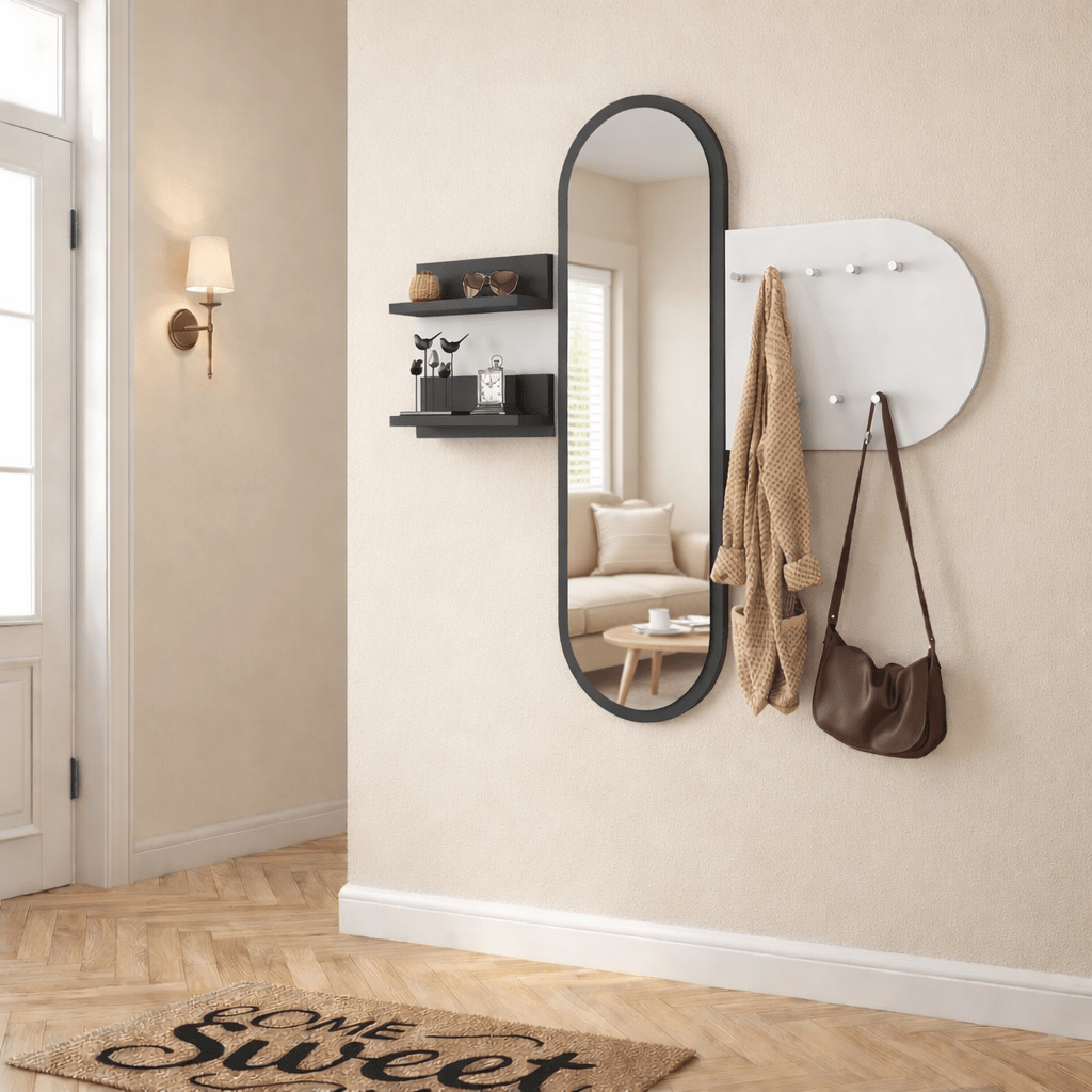 Appendiabiti Melamina Bianca a 9 Ganci - Con Specchio - Due Ripiani - Hally