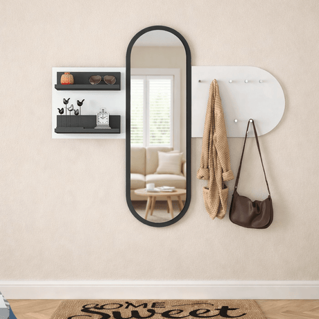 Kapstok Wit Melamine 9-Haaks - Met Spiegel - Twee Plankjes - Hally