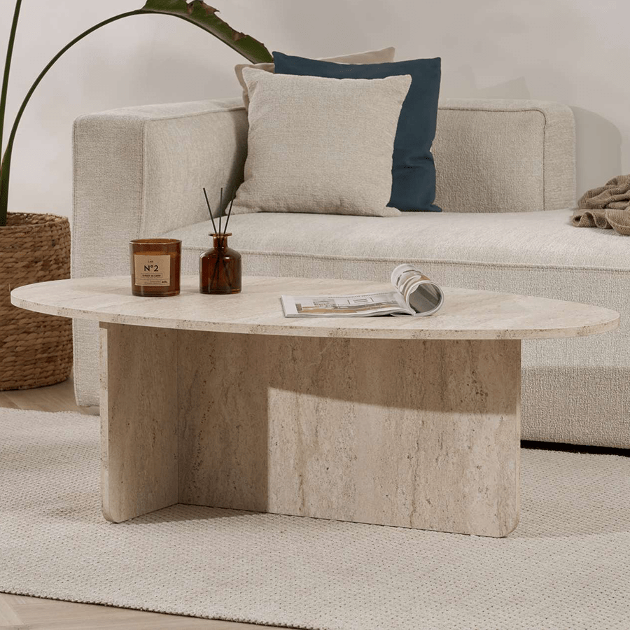 Salontafels - Kiezelvormige salontafel Travertin Japandi - 120 x 60 cm - Baro - Dimehouse