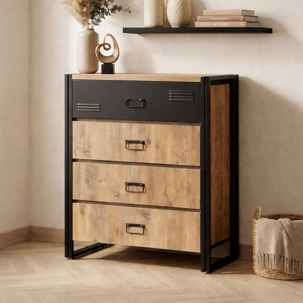 Ladekasten - Ladekast Cosmo Atlantisch Dennenhout Zwart Melamine - Dimehouse
