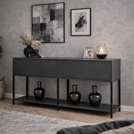 Dressoirs - Modern Dressoir Antraciet Lord 150x30x80 - Zwart Frame - Twee Vakken - Dimehouse