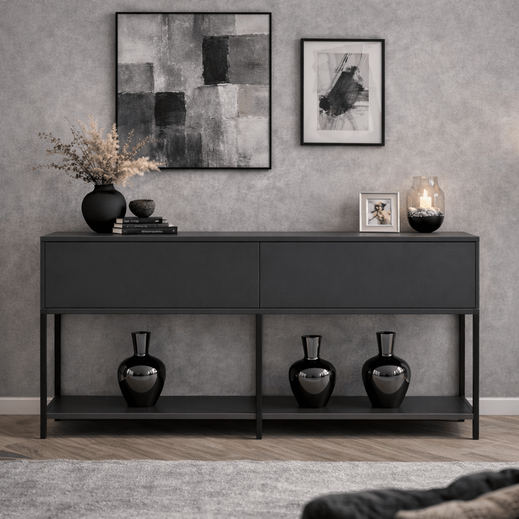 Dressoirs - Modern Dressoir Antraciet Lord 150x30x80 - Zwart Frame - Twee Vakken - Dimehouse