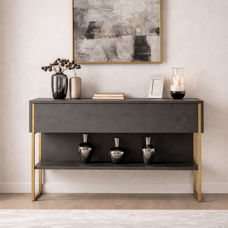 Dressoirs - Modern Dressoir Antraciet Luxe 120x80x30 - Gouden Frame - Eén Vak - Dimehouse