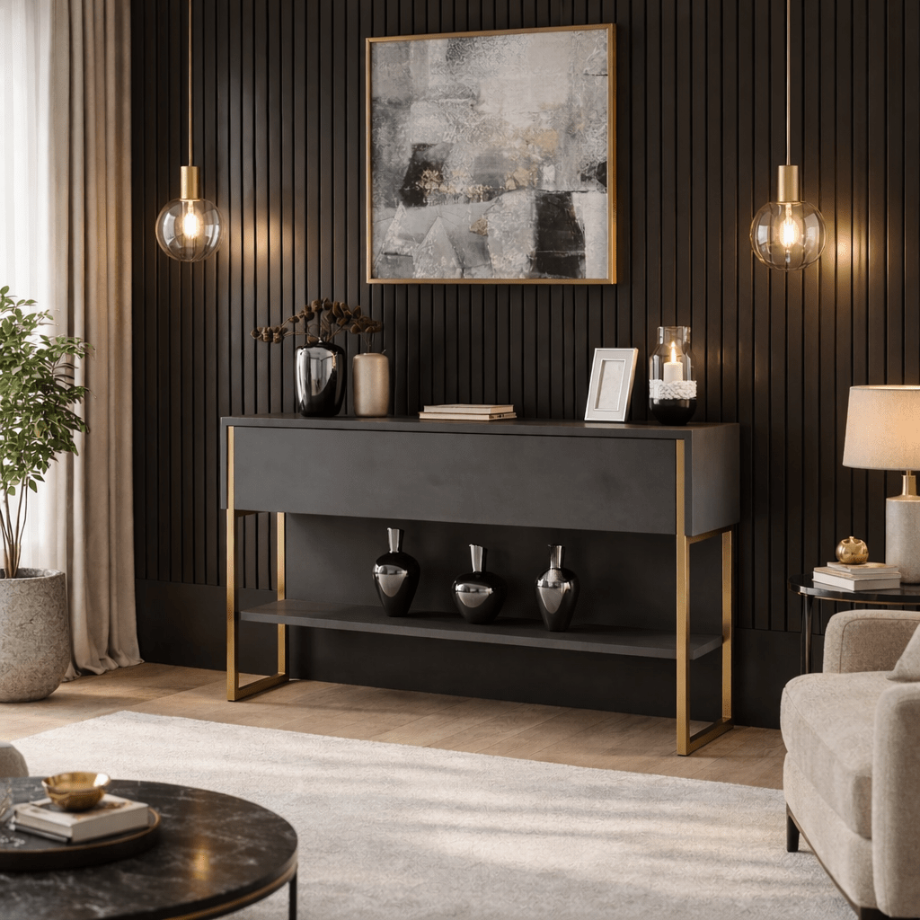 Dressoirs - Modern Dressoir Antraciet Luxe 120x80x30 - Gouden Frame - Eén Vak - Dimehouse