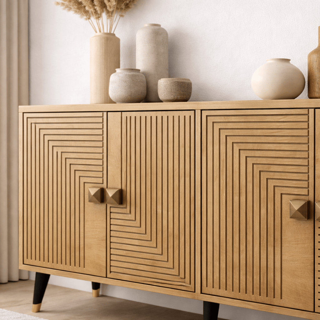 Dressoirs - Modern Dressoir Saffier Eikenlook - Goud 120 cm Melamine Ahart - Dimehouse