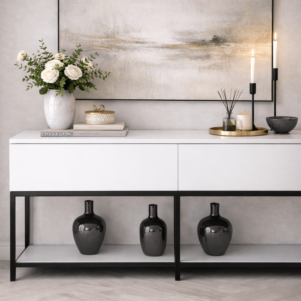 Dressoirs - Modern Dressoir Wit Lord 150x30x80 - Zwart Frame - Twee Vakken - Dimehouse