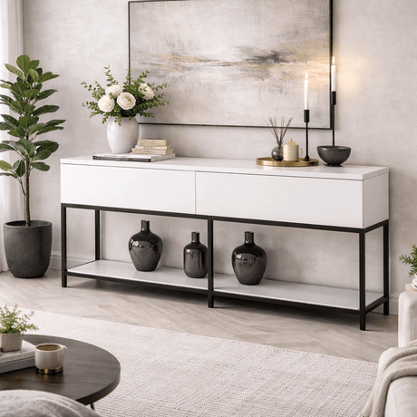 Dressoirs - Modern Dressoir Wit Lord 150x30x80 - Zwart Frame - Twee Vakken - Dimehouse