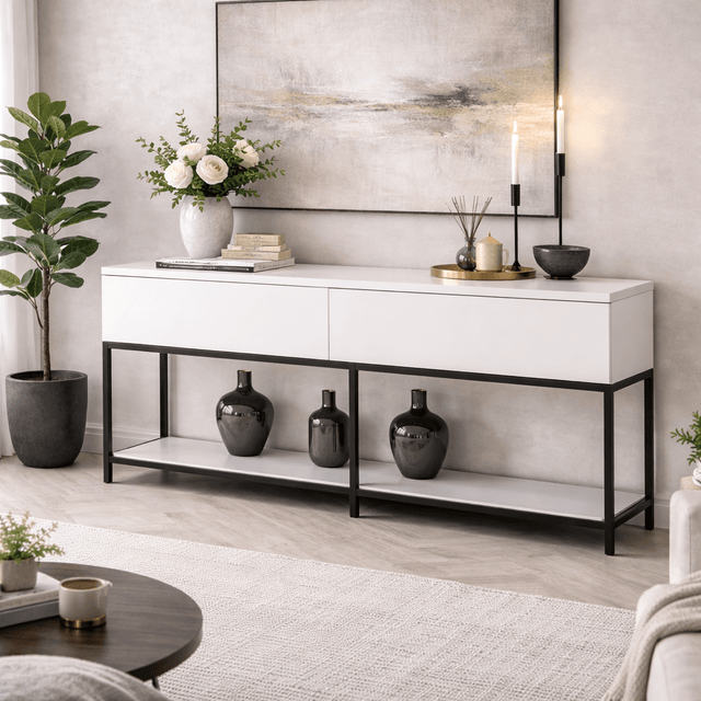 Dressoirs - Modern Dressoir Wit Lord 150x30x80 - Zwart Frame - Twee Vakken - Dimehouse