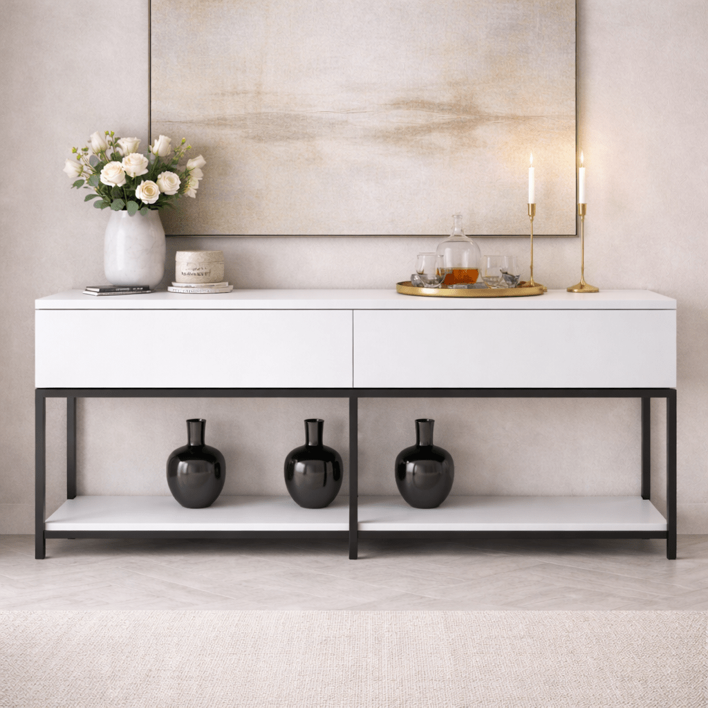 Dressoirs - Modern Dressoir Wit Lord 150x30x80 - Zwart Frame - Twee Vakken - Dimehouse