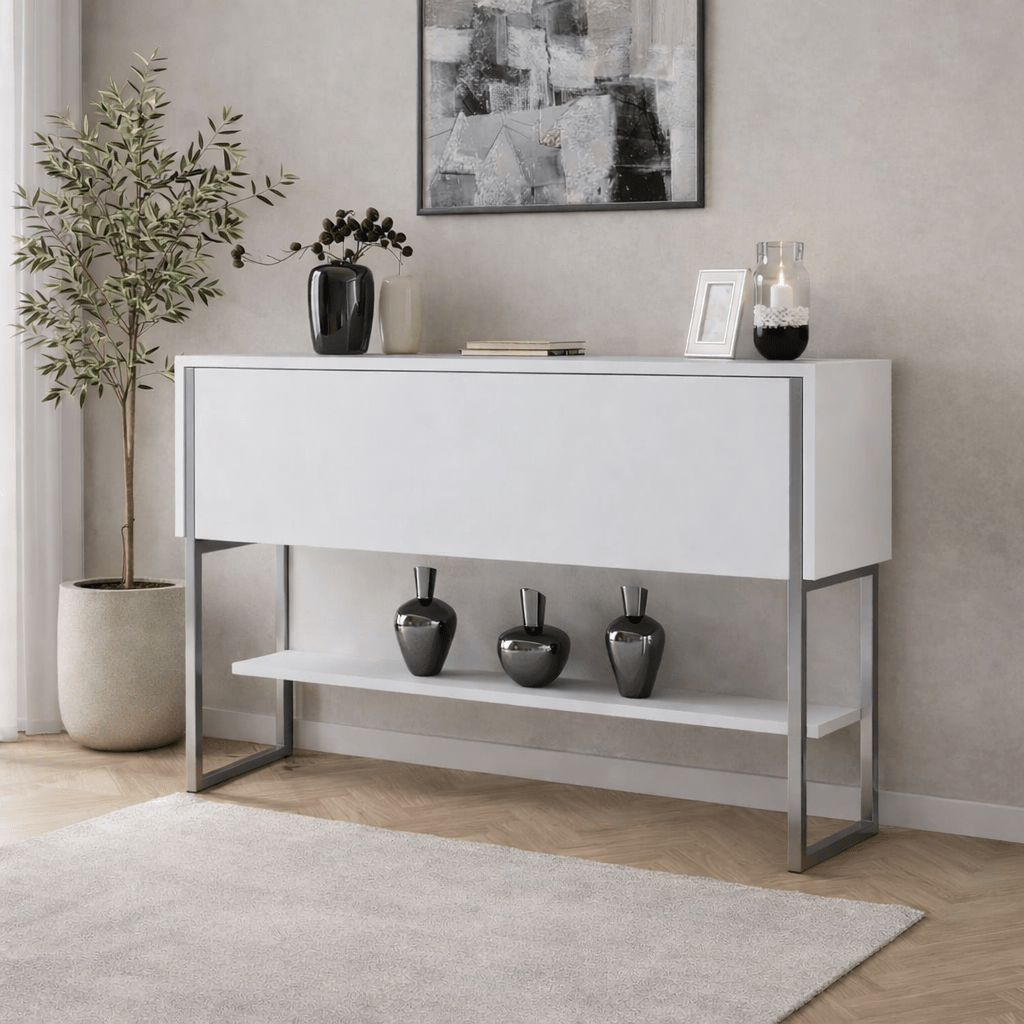 Credenza Moderna Bianca Luxury 120x80x30 - Cornice Argento - Un Vano
