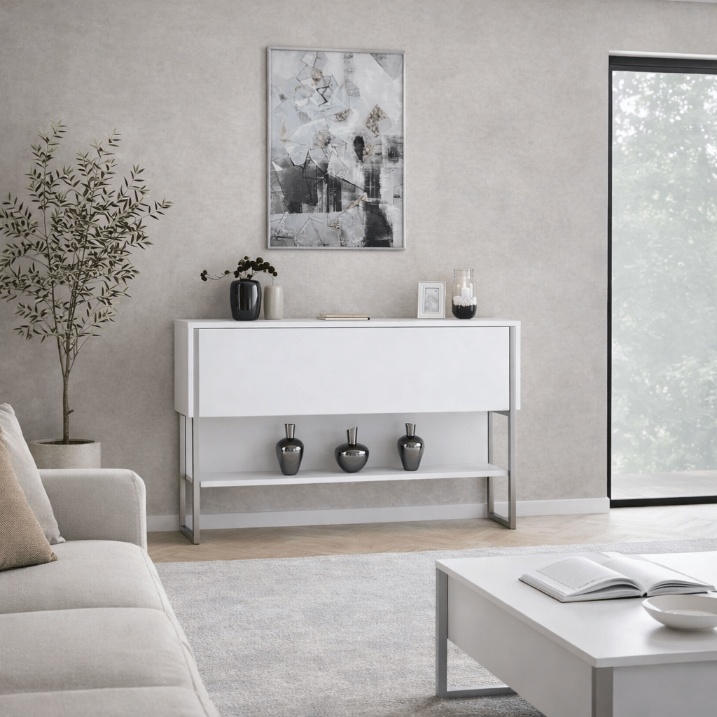 Credenza Moderna Bianca Luxury 120x80x30 - Cornice Argento - Un Vano